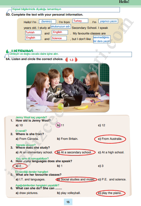 5. Sınıf İngilizce Ders Kitabı Özgün Yayınları Sayfa 15 Cevabı