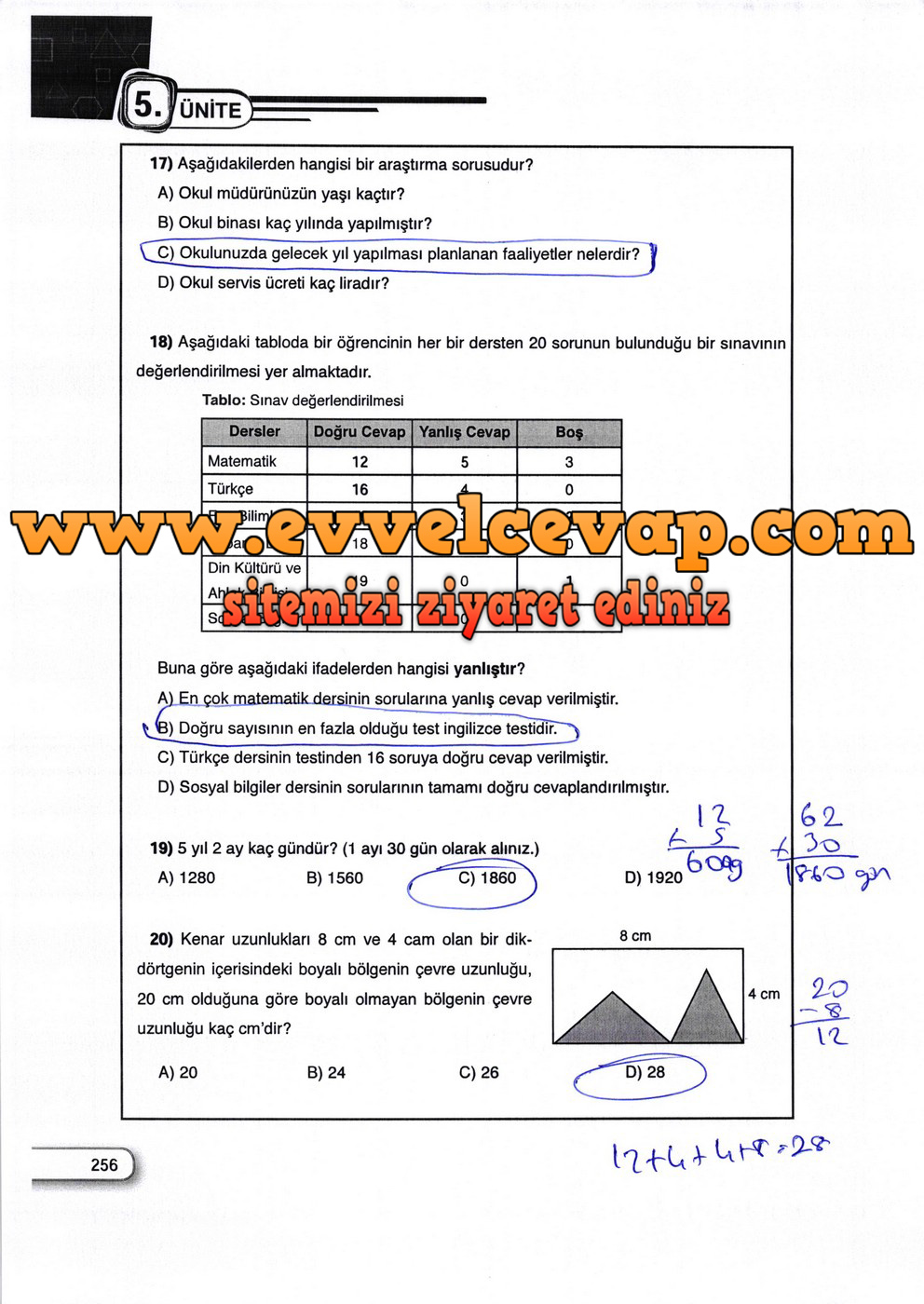 5. Sınıf Dikey Yayıncılık Matematik Ders Kitabı Sayfa 256 Cevabı