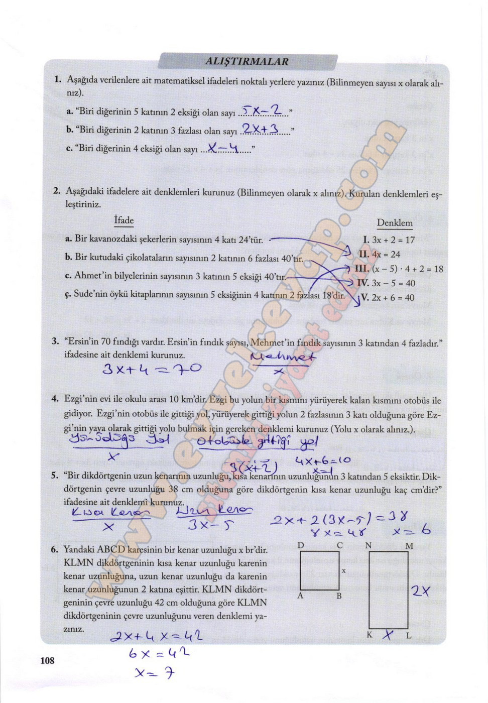 7. Sınıf Matematik Ekoyay Yayınları Ders Kitabı Sayfa 108 Cevapları