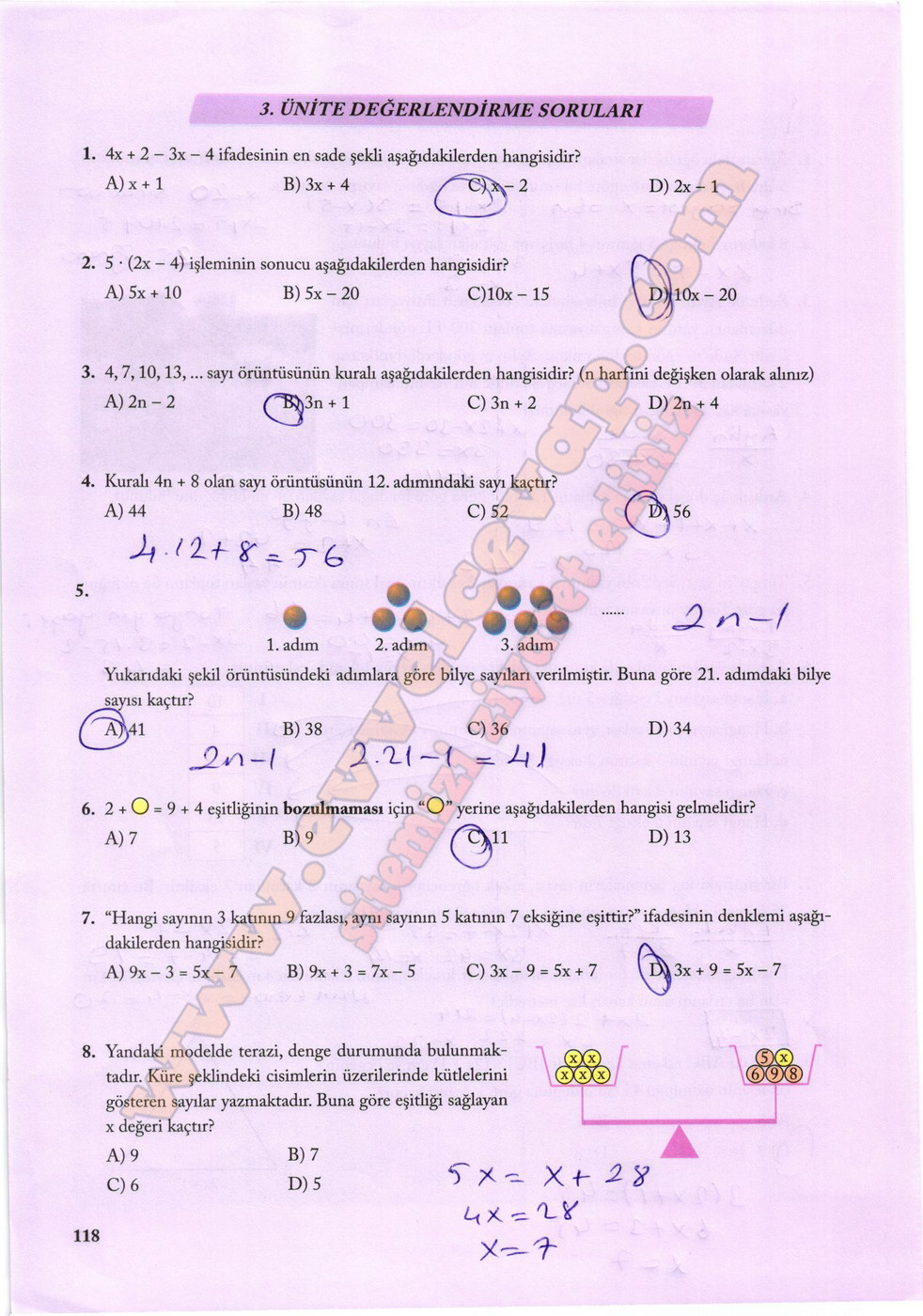 7. Sınıf Matematik Ekoyay Yayınları Ders Kitabı Sayfa 118 Cevapları
