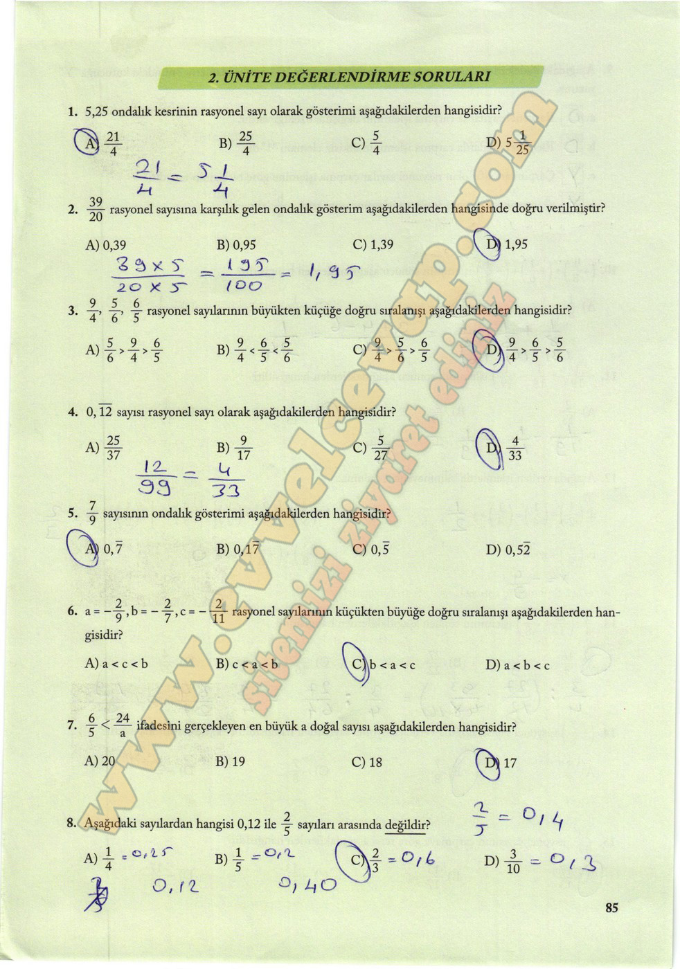 7. Sınıf Matematik Ekoyay Yayınları Ders Kitabı Sayfa 85 Cevapları