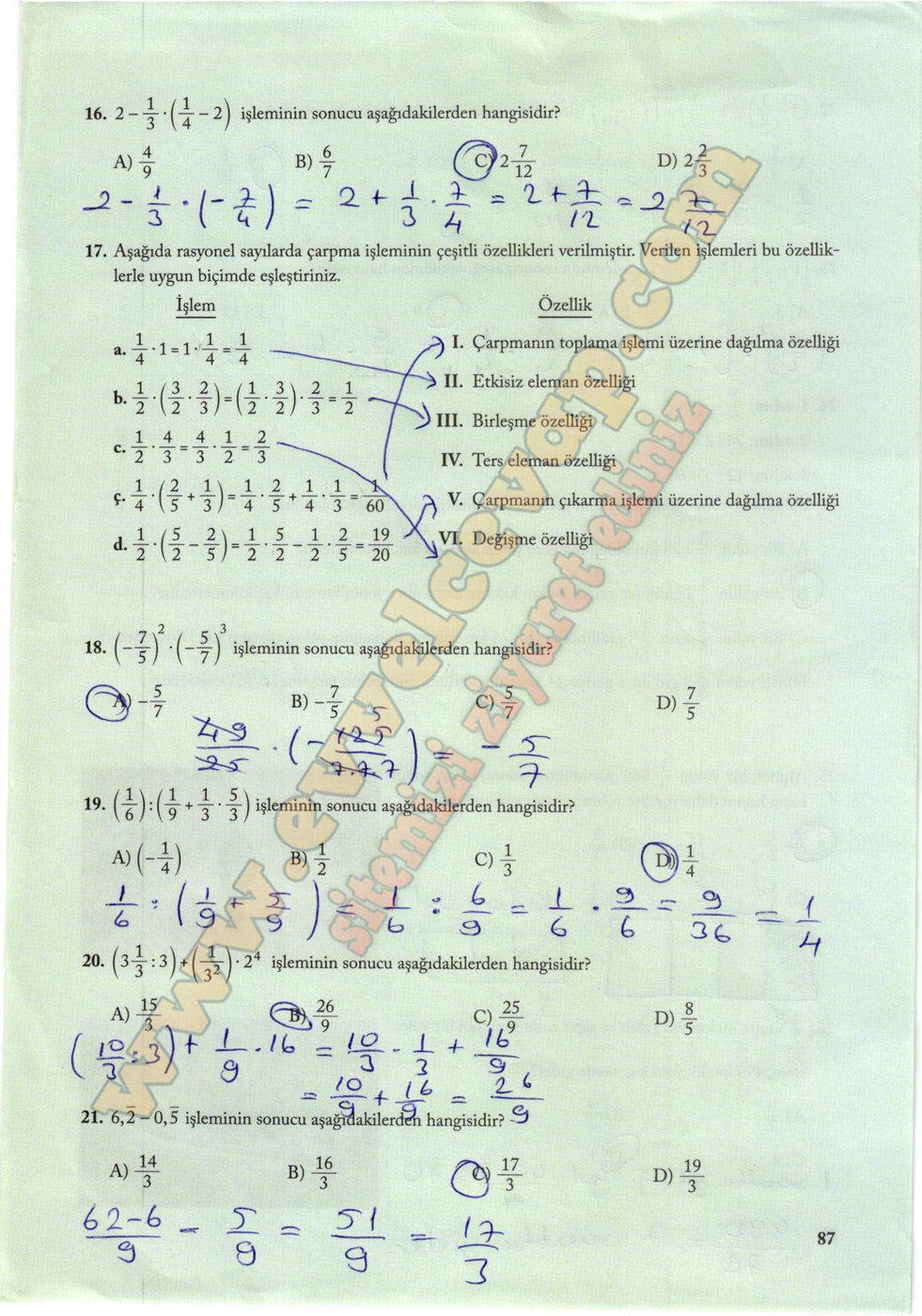 7. Sınıf Matematik Ekoyay Yayınları Ders Kitabı Sayfa 87 Cevapları