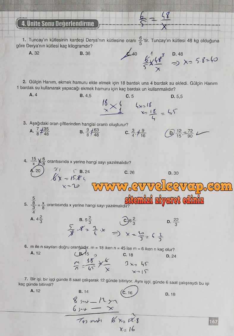 7. Sınıf Koza Yayınları Matematik Ders Kitabı Sayfa 167 Cevabı