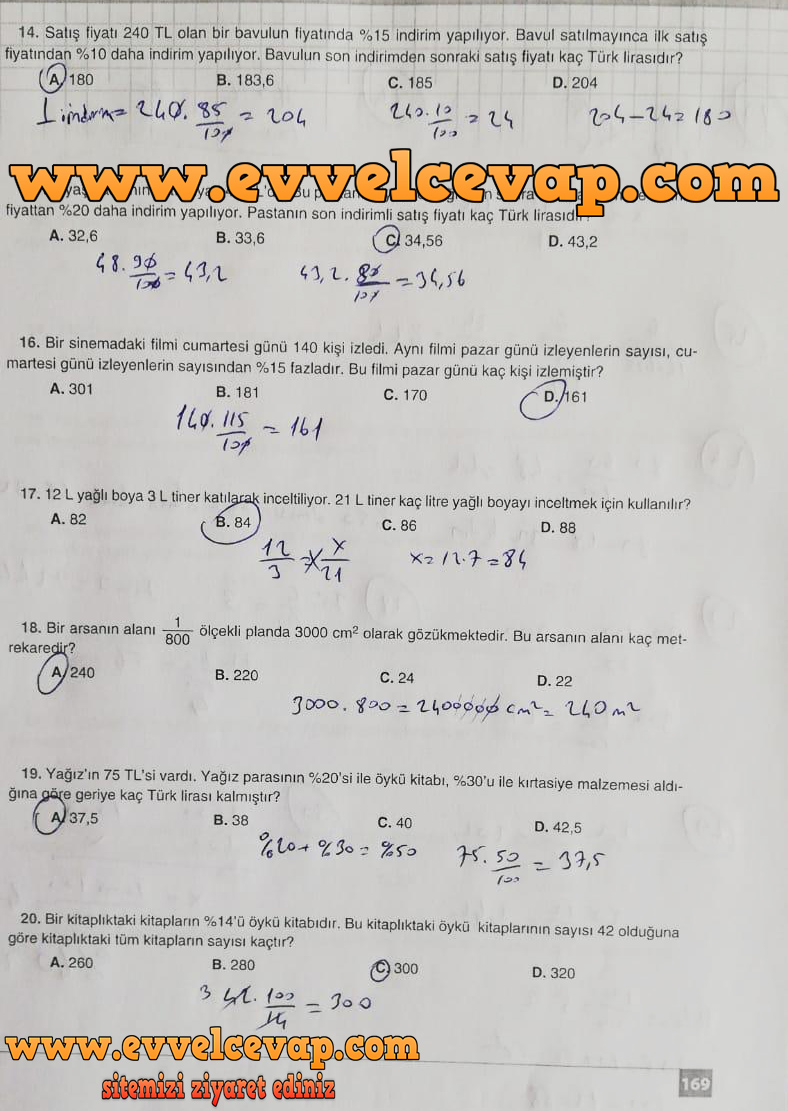 7. Sınıf Koza Yayınları Matematik Ders Kitabı Sayfa 169 Cevabı