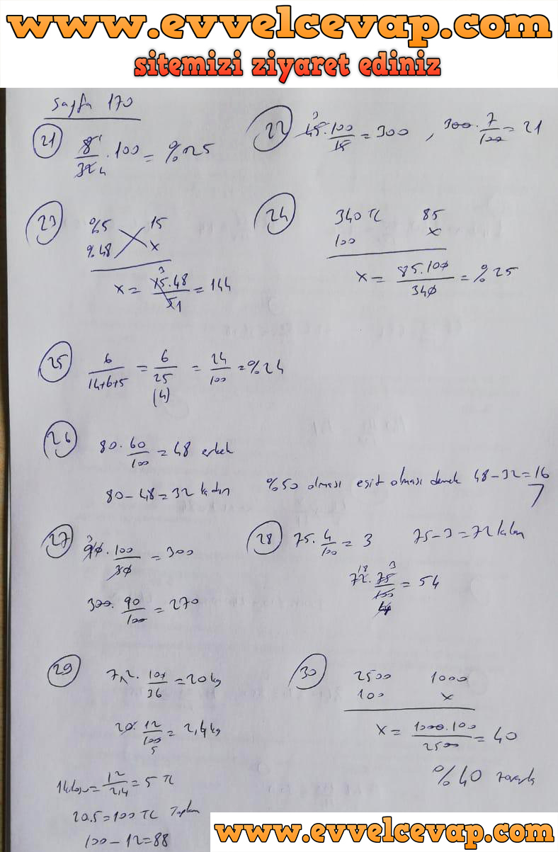 7. Sınıf Koza Yayınları Matematik Ders Kitabı Sayfa 170 Cevabı