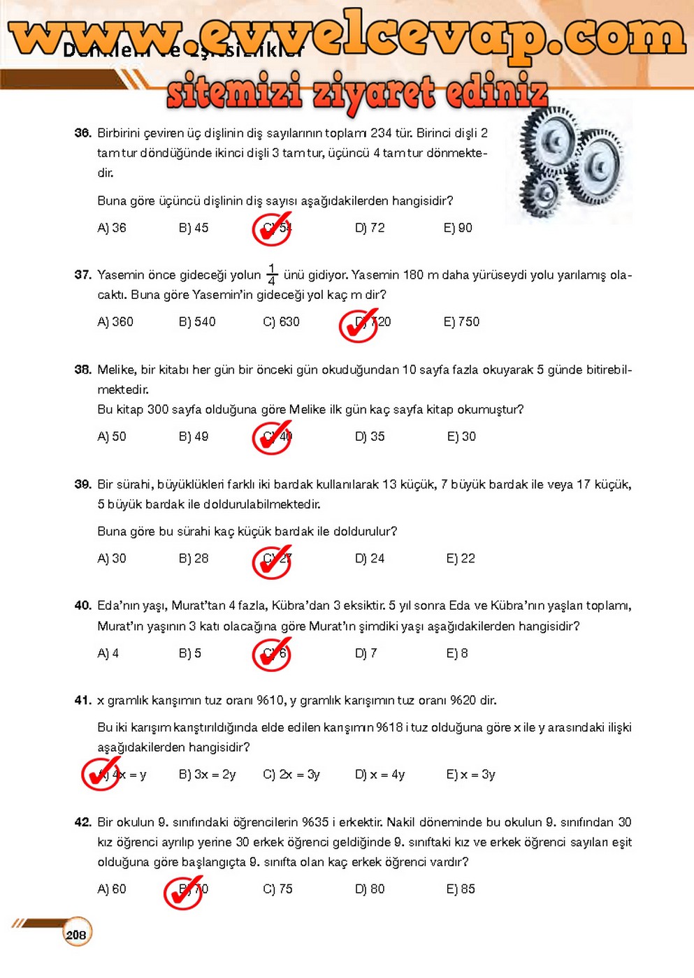 9. Sınıf Matematik Ders Kitabı Sayfa 208 Cevabı Ödev Yayınları