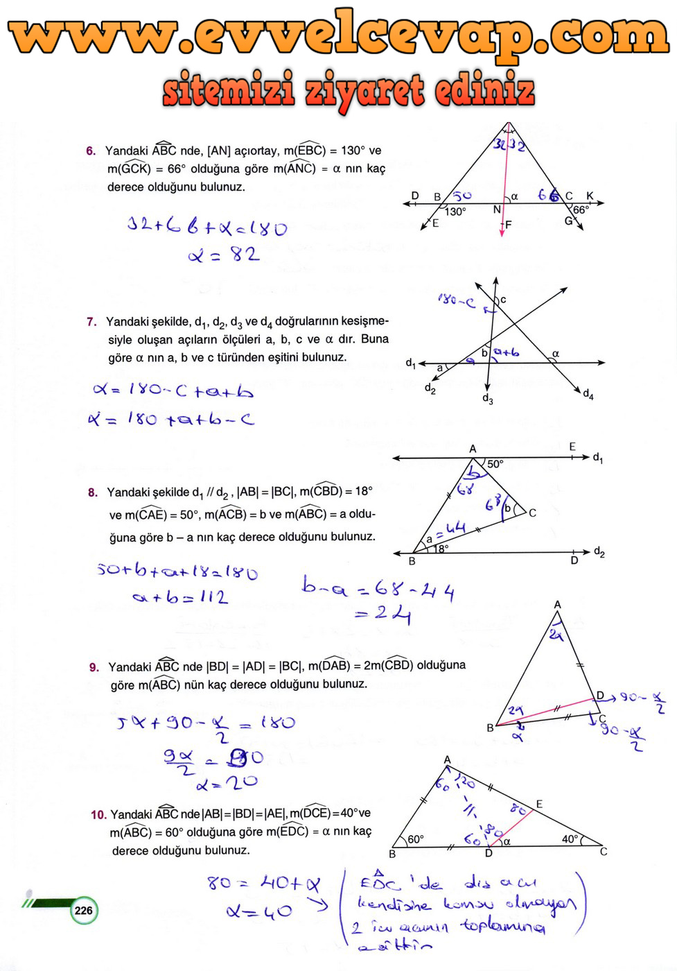 9. Sınıf Matematik Ders Kitabı Sayfa 226 Cevabı Ödev Yayınları