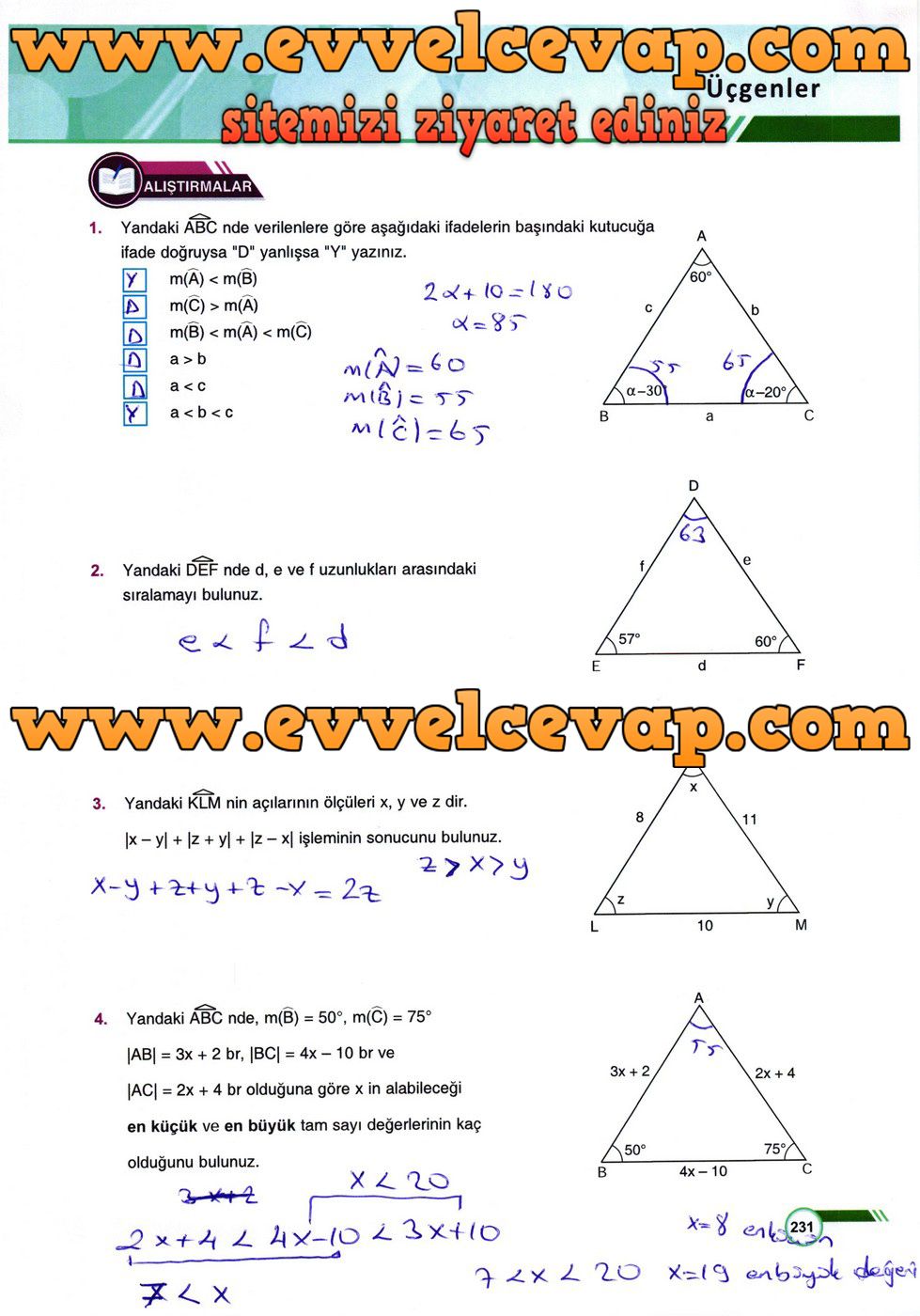 9. Sınıf Matematik Ders Kitabı Sayfa 231 Cevabı Ödev Yayınları