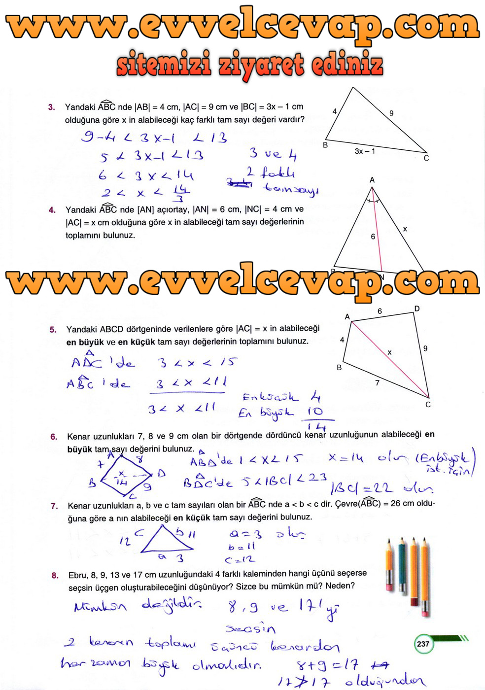 9. Sınıf Matematik Ders Kitabı Sayfa 237 Cevabı Ödev Yayınları