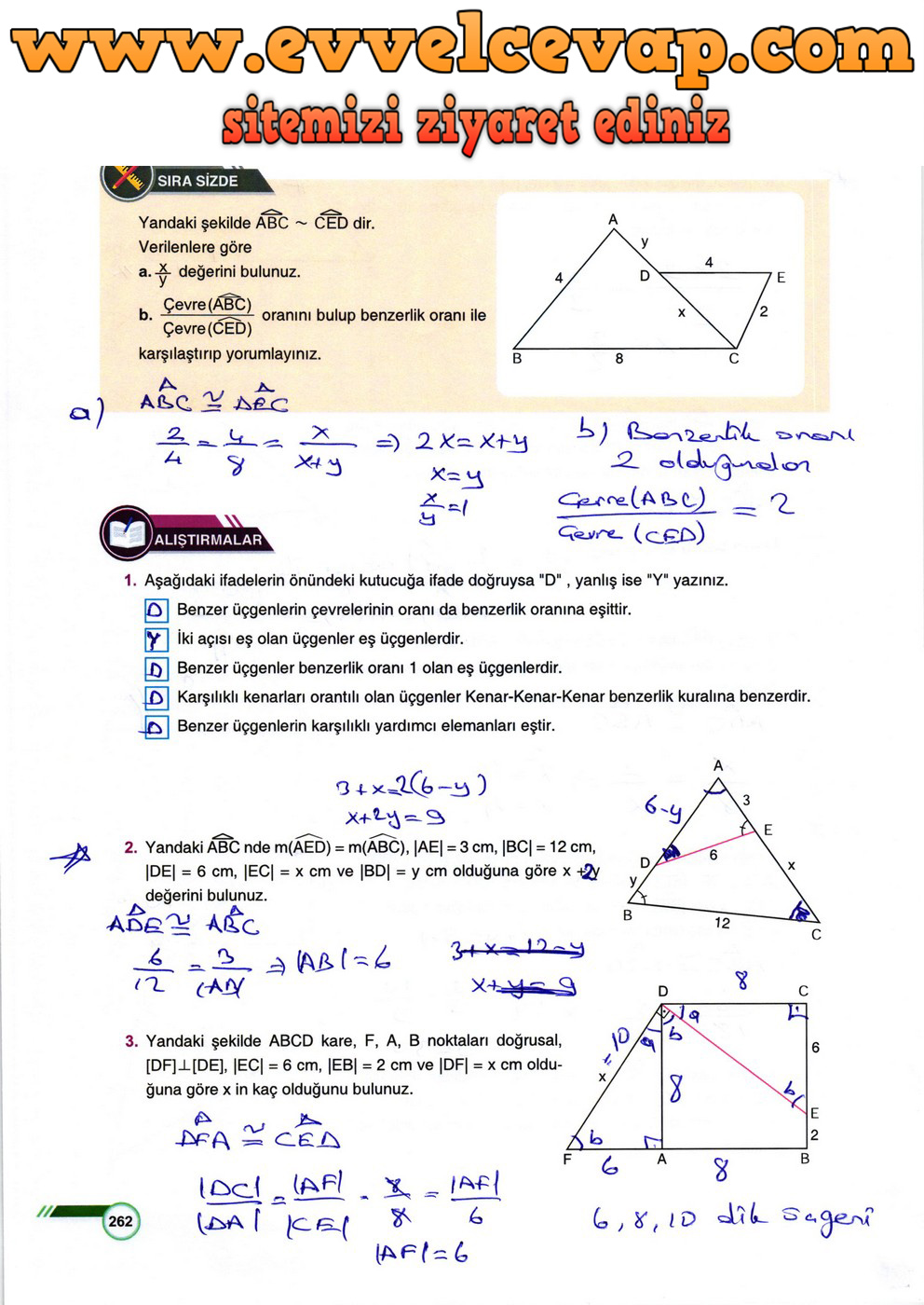 9. Sınıf Matematik Ders Kitabı Sayfa 262 Cevabı Ödev Yayınları