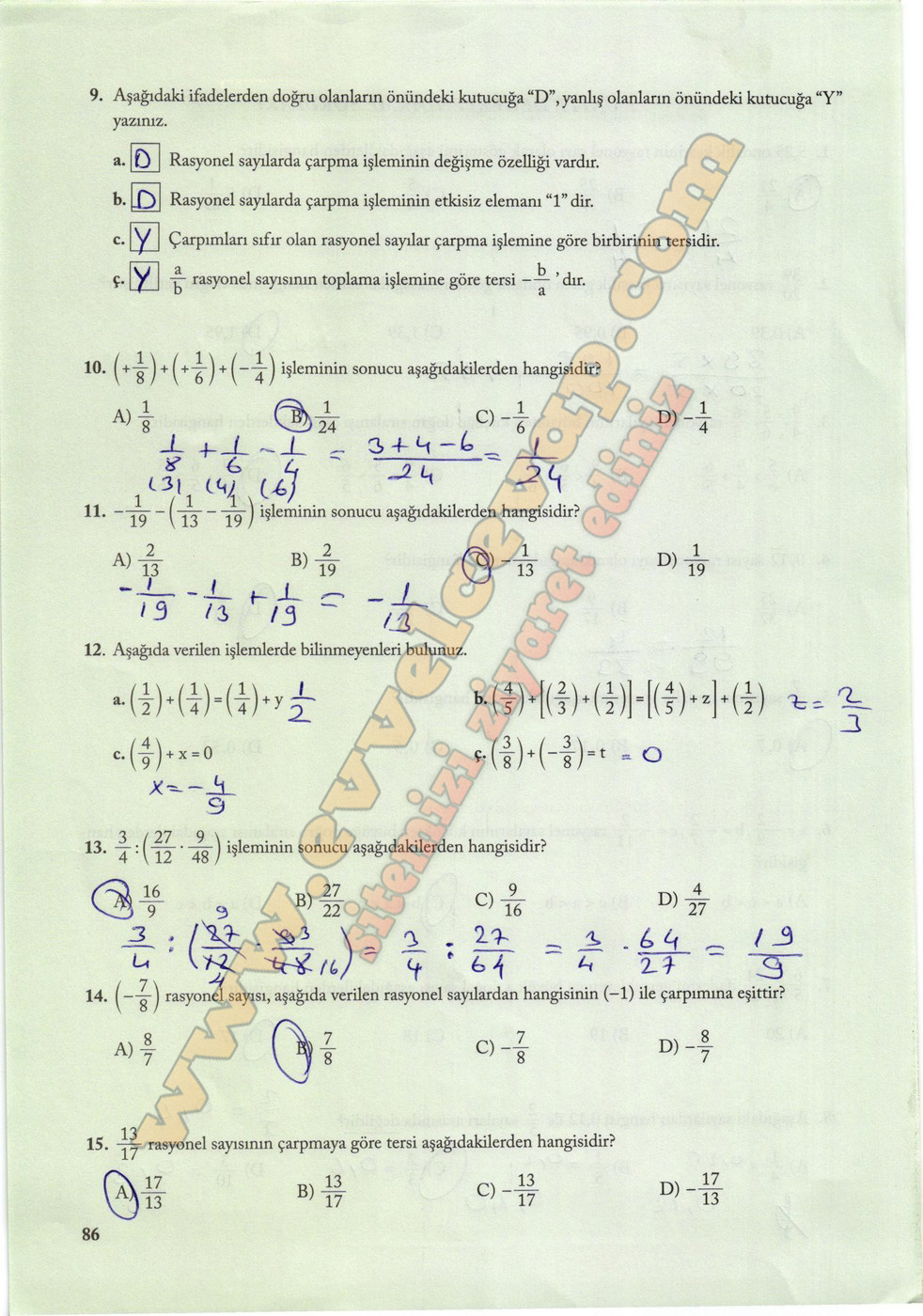 7. Sınıf Matematik Ekoyay Yayınları Ders Kitabı Sayfa 86 Cevapları