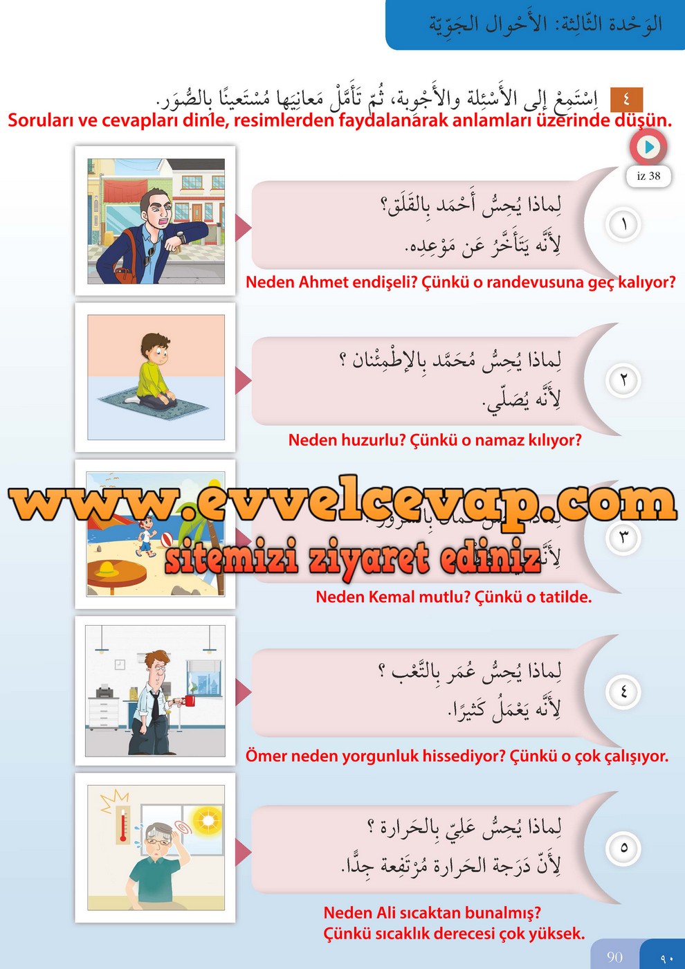 7. Sınıf Meb Yayınları Arapça Ders ve Öğrenci Çalışma Kitabı Sayfa 90 Cevabı