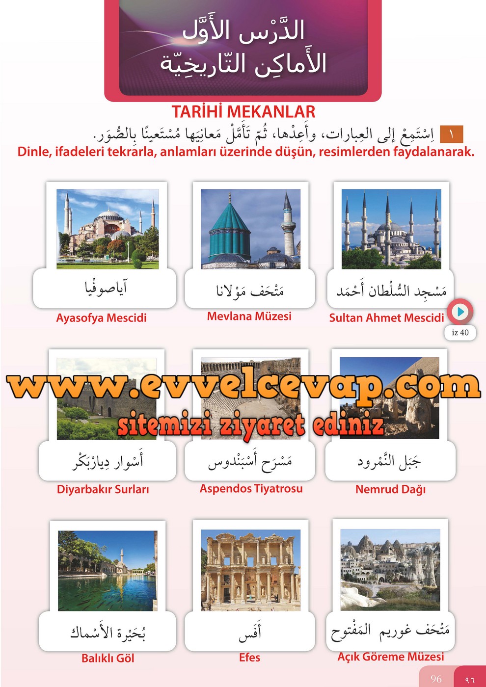 7. Sınıf Meb Yayınları Arapça Ders ve Öğrenci Çalışma Kitabı Sayfa 96 Cevabı