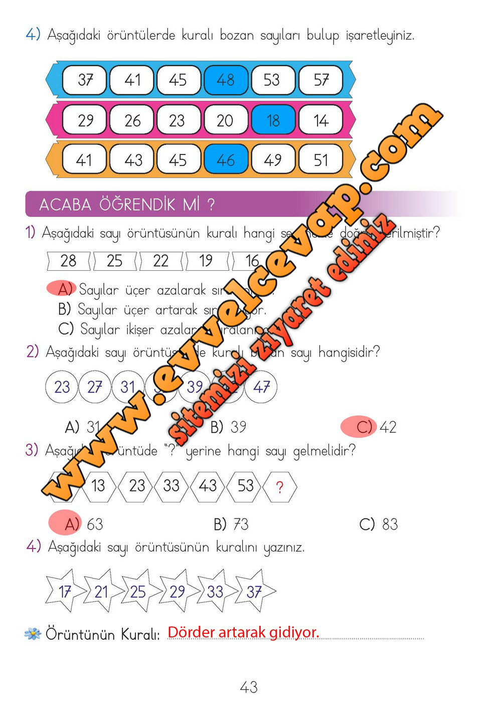 2. Sınıf Matematik Meb Yayınları Ders Kitabı Cevapları Sayfa 43