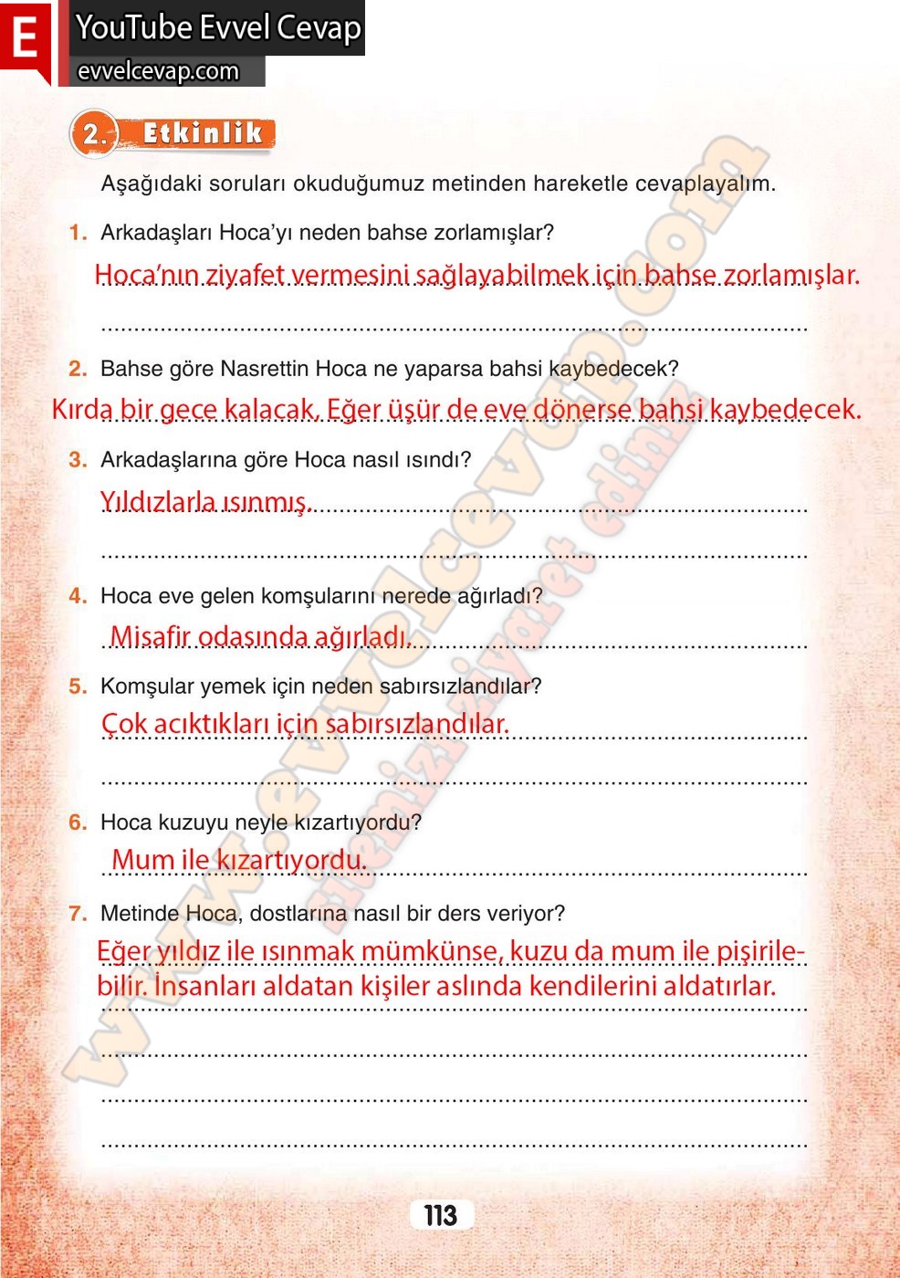 3. Sınıf Sonuç Yayınları Türkçe Ders Kitabı Cevapları Sayfa 113