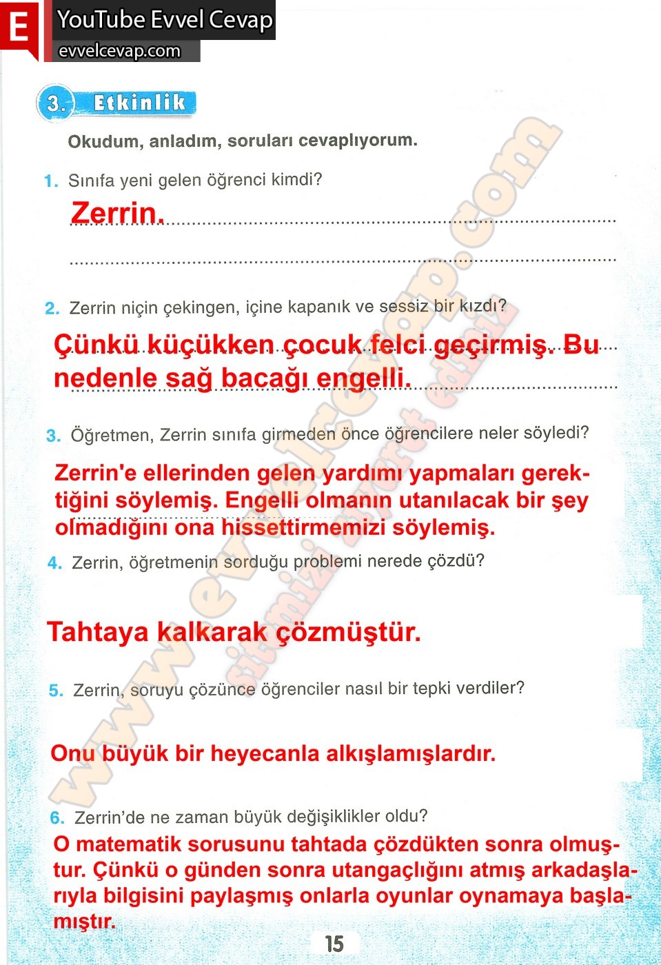 3. Sınıf Sonuç Yayınları Türkçe Ders Kitabı Cevapları Sayfa 15