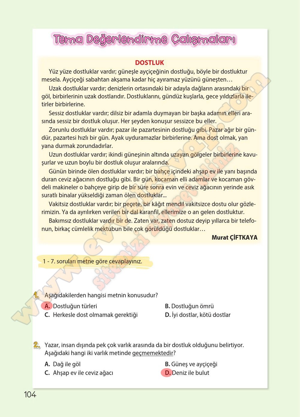 4. sınıf Koza Yayınları Türkçe Ders Kitabı Cevapları Sayfa 104