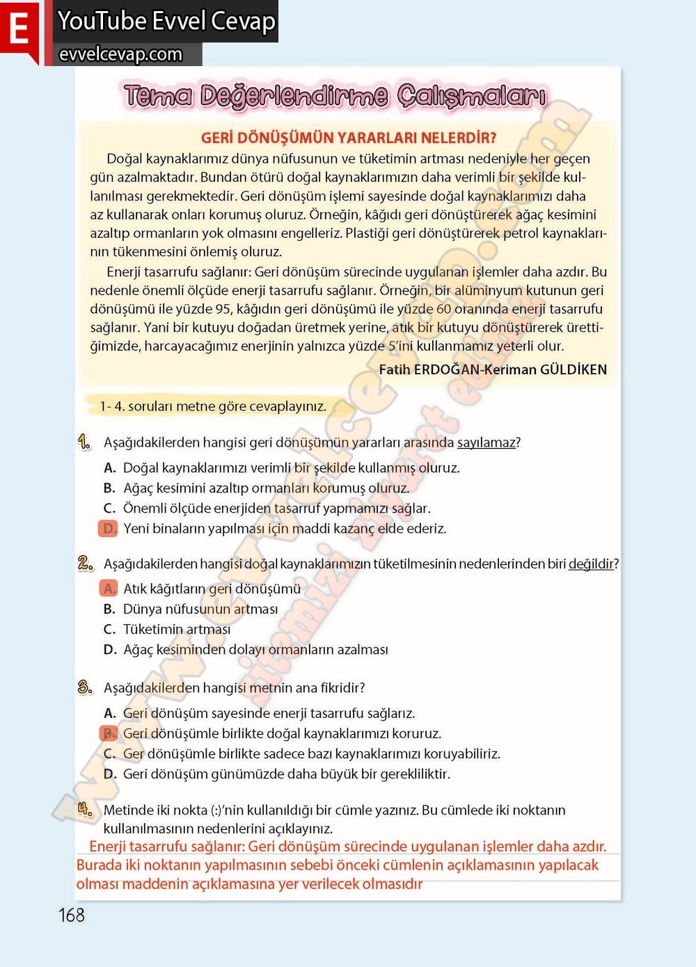 4. sınıf Koza Yayınları Türkçe Ders Kitabı Cevapları Sayfa 168