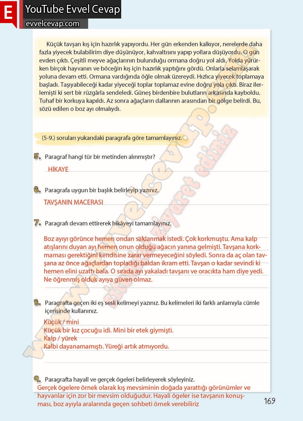 4. sınıf Koza Yayınları Türkçe Ders Kitabı Cevapları Sayfa 169