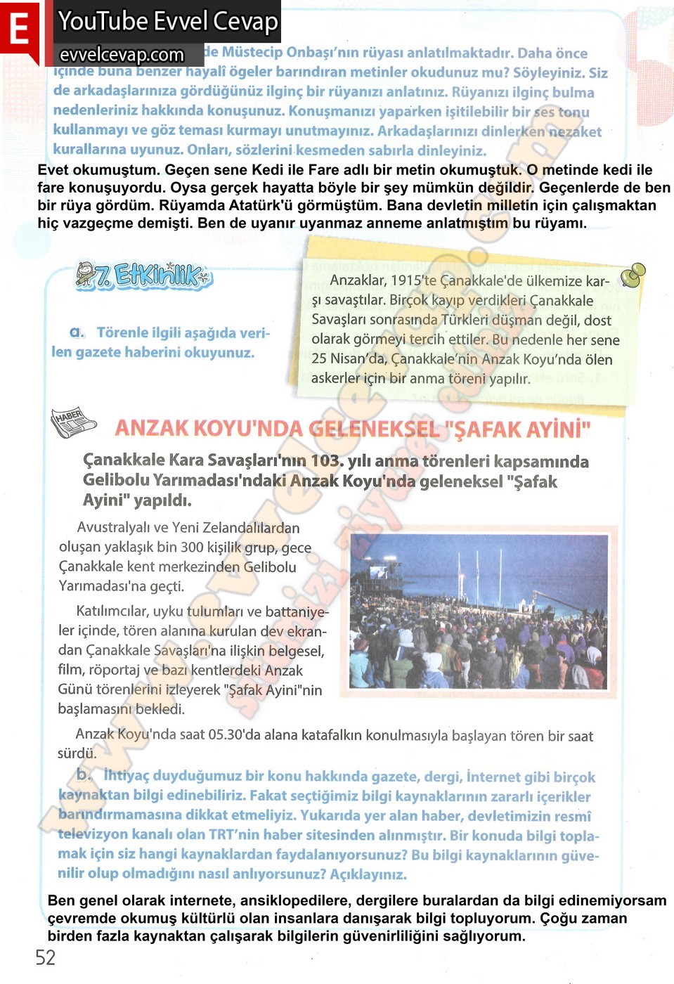 4. sınıf Koza Yayınları Türkçe Ders Kitabı Cevapları Sayfa 52