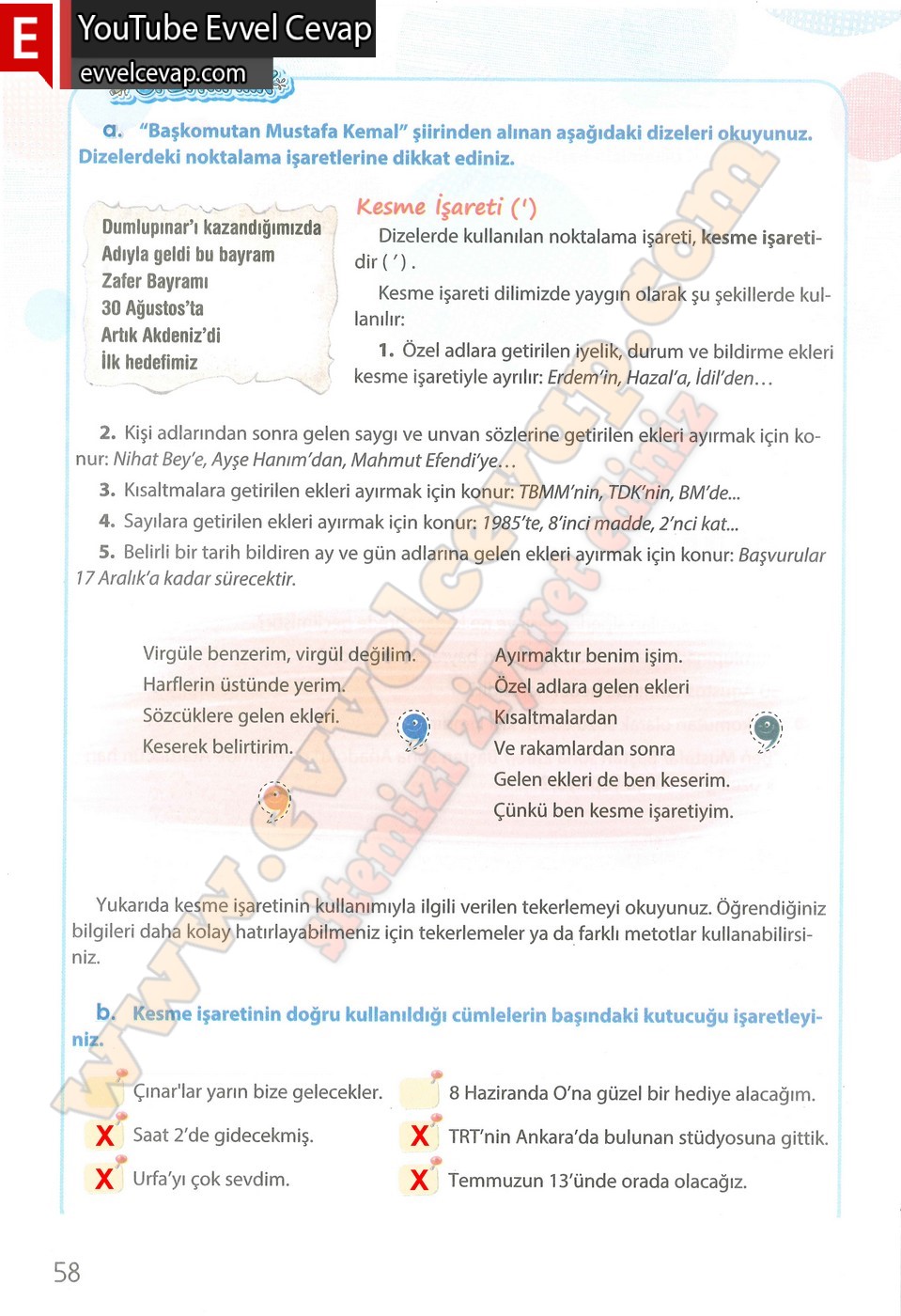 4. sınıf Koza Yayınları Türkçe Ders Kitabı Cevapları Sayfa 58