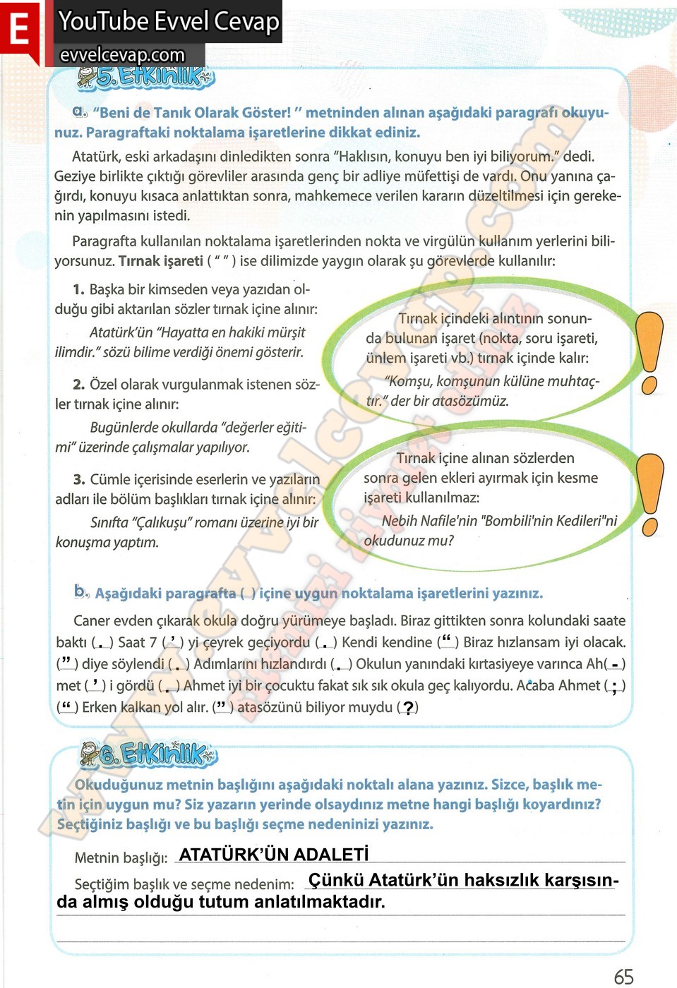 4. sınıf Koza Yayınları Türkçe Ders Kitabı Cevapları Sayfa 65