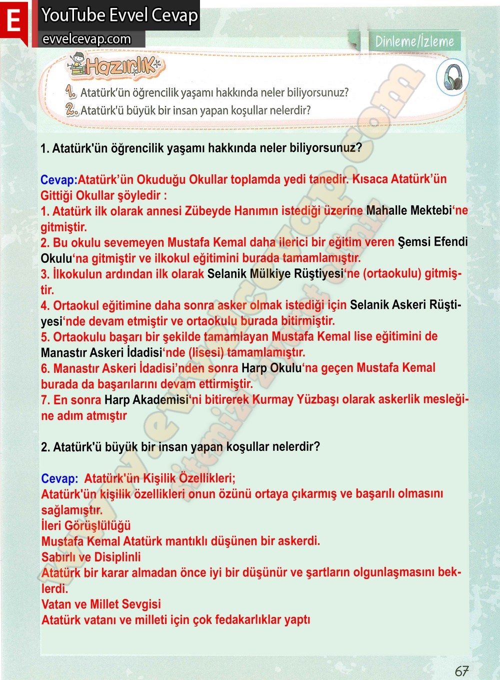 4. sınıf Koza Yayınları Türkçe Ders Kitabı Cevapları Sayfa 67