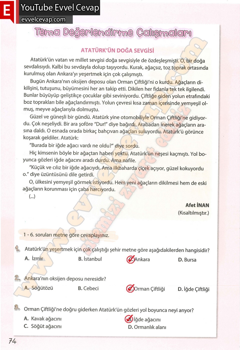 4. sınıf Koza Yayınları Türkçe Ders Kitabı Cevapları Sayfa 74