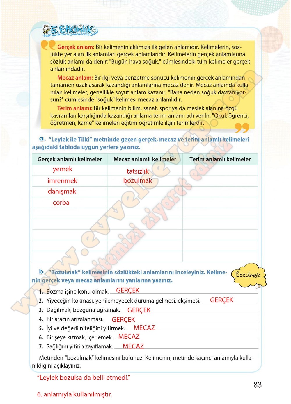 4. sınıf Koza Yayınları Türkçe Ders Kitabı Cevapları Sayfa 83