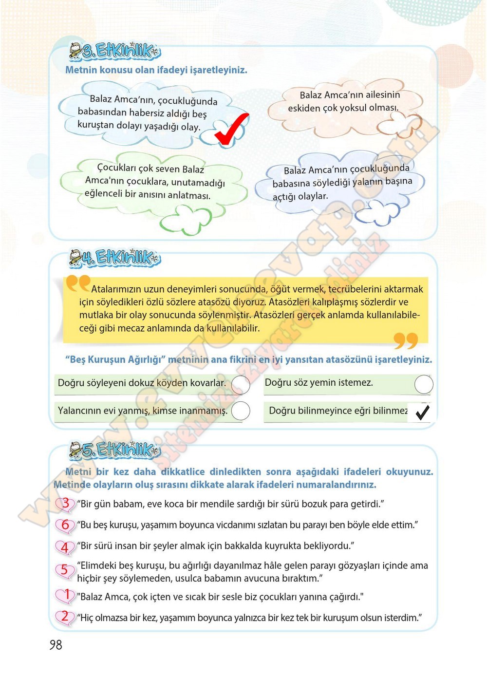 4. sınıf Koza Yayınları Türkçe Ders Kitabı Cevapları Sayfa 98
