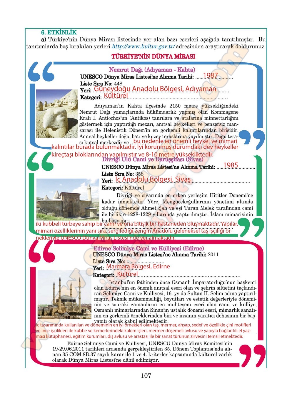 5. sınıf Anıttepe Yayıncılık Türkçe Ders Kitabı Cevapları Sayfa 107