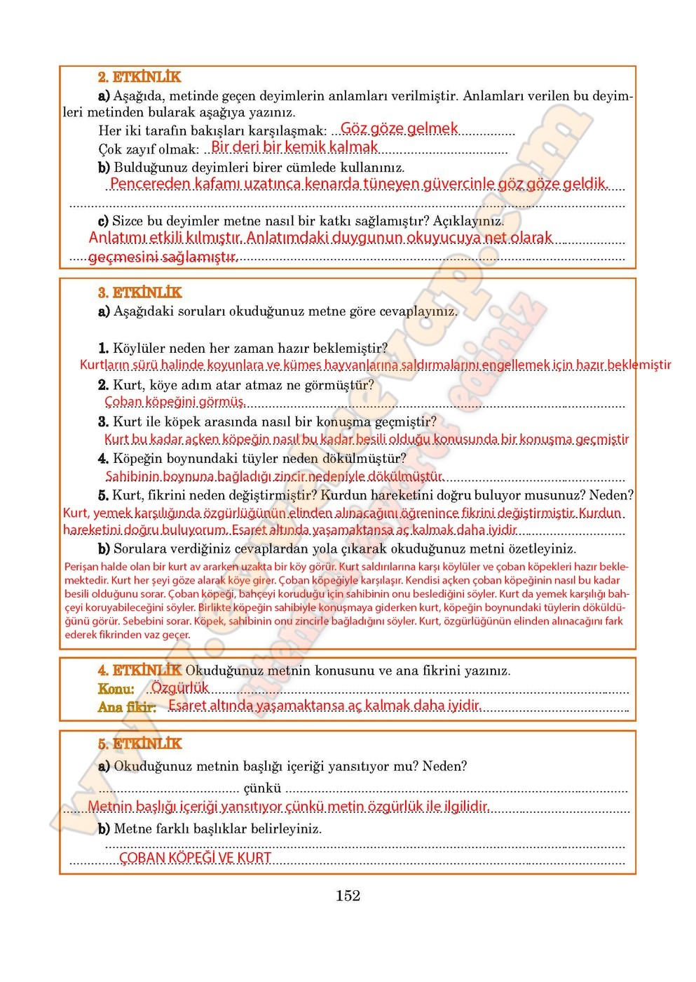 5. sınıf Anıttepe Yayıncılık Türkçe Ders Kitabı Cevapları Sayfa 152