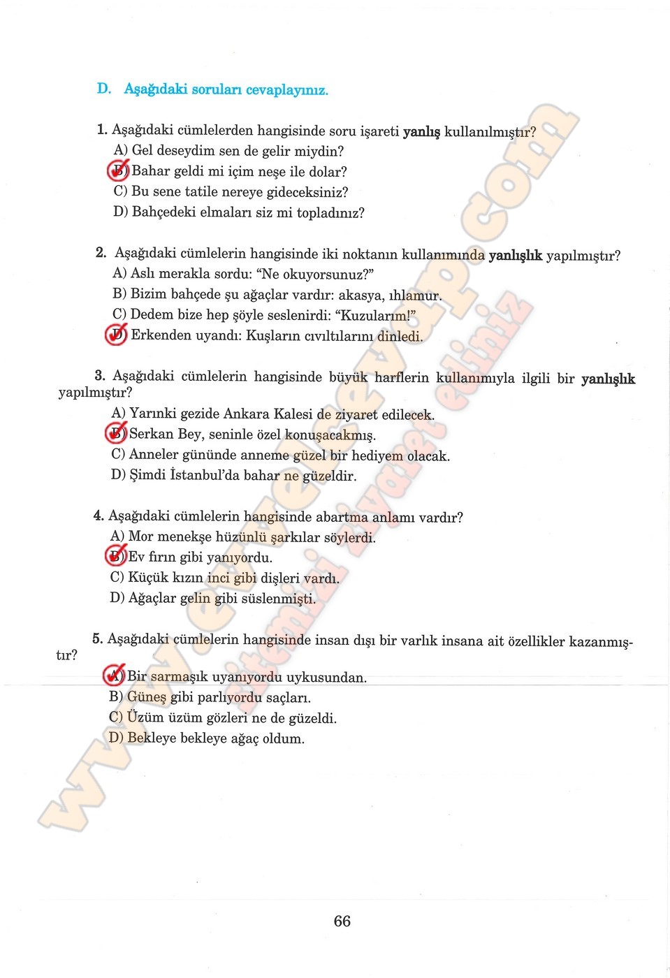 5. sınıf Anıttepe Yayıncılık Türkçe Ders Kitabı Cevapları Sayfa 66