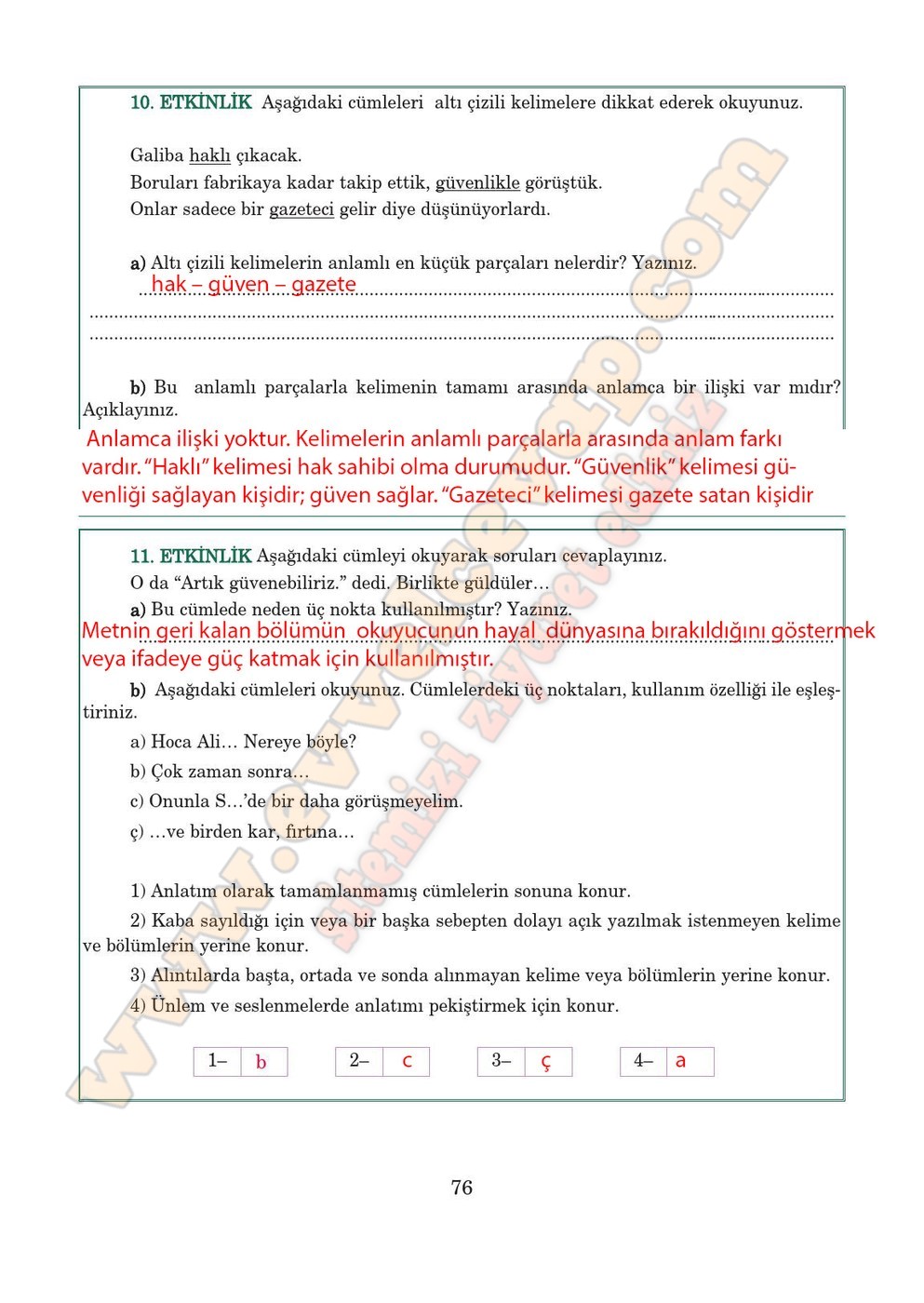 5. sınıf Anıttepe Yayıncılık Türkçe Ders Kitabı Cevapları Sayfa 76