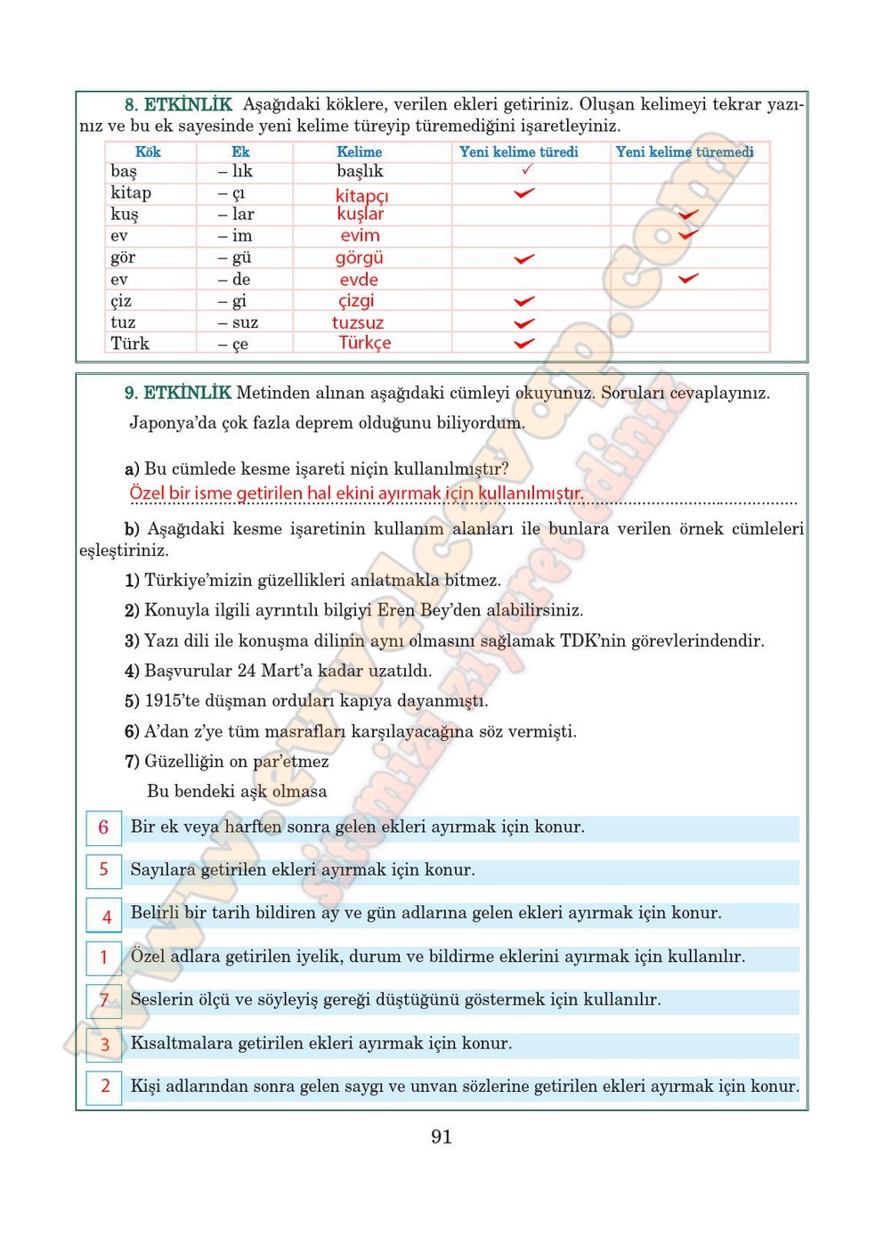 5. sınıf Anıttepe Yayıncılık Türkçe Ders Kitabı Cevapları Sayfa 91