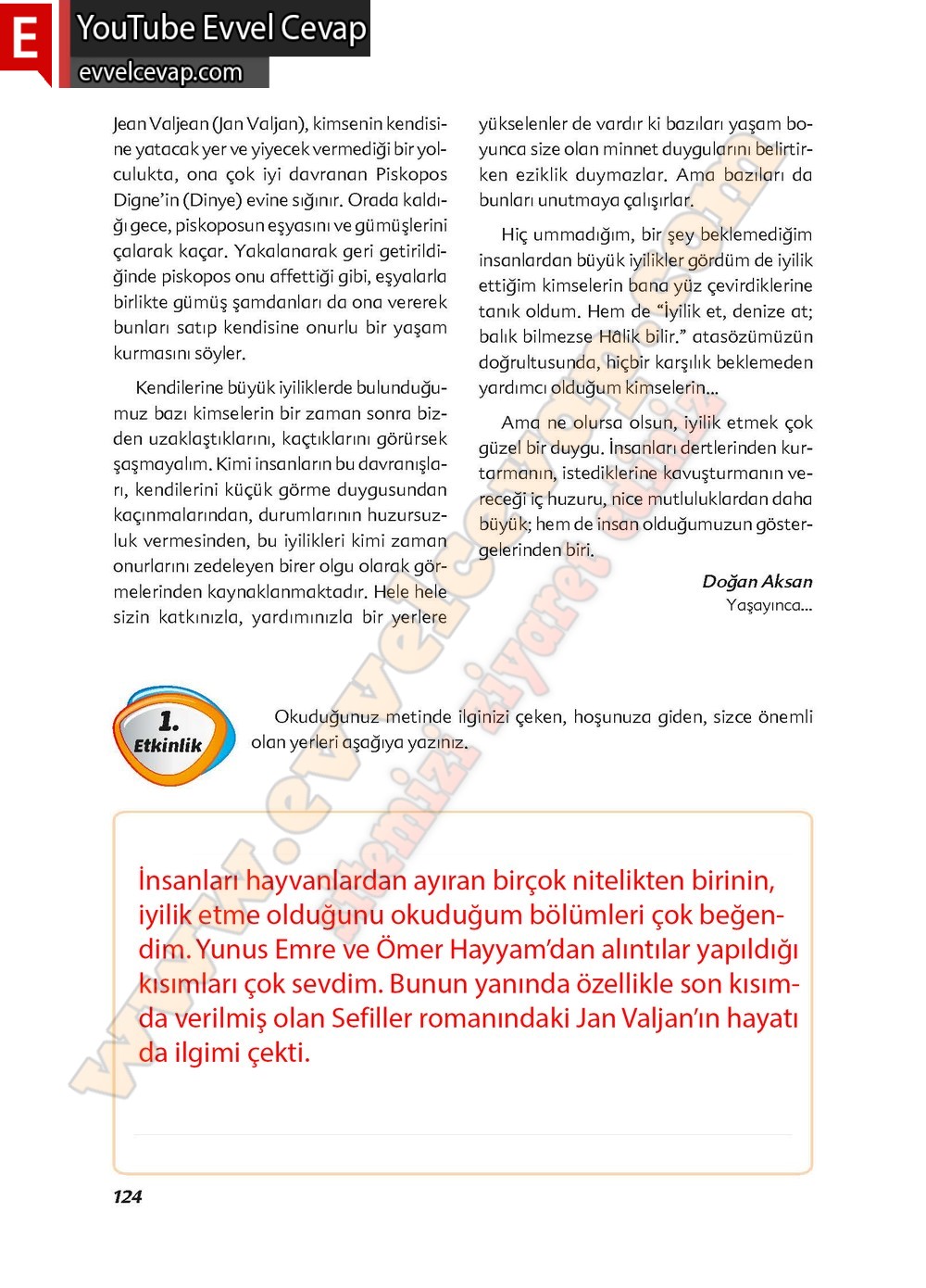 6. sınıf Ekoyay Yayınları Türkçe Ders Kitabı Cevapları Sayfa 124