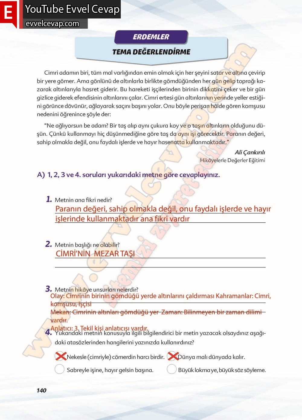 6. sınıf Ekoyay Yayınları Türkçe Ders Kitabı Cevapları Sayfa 140