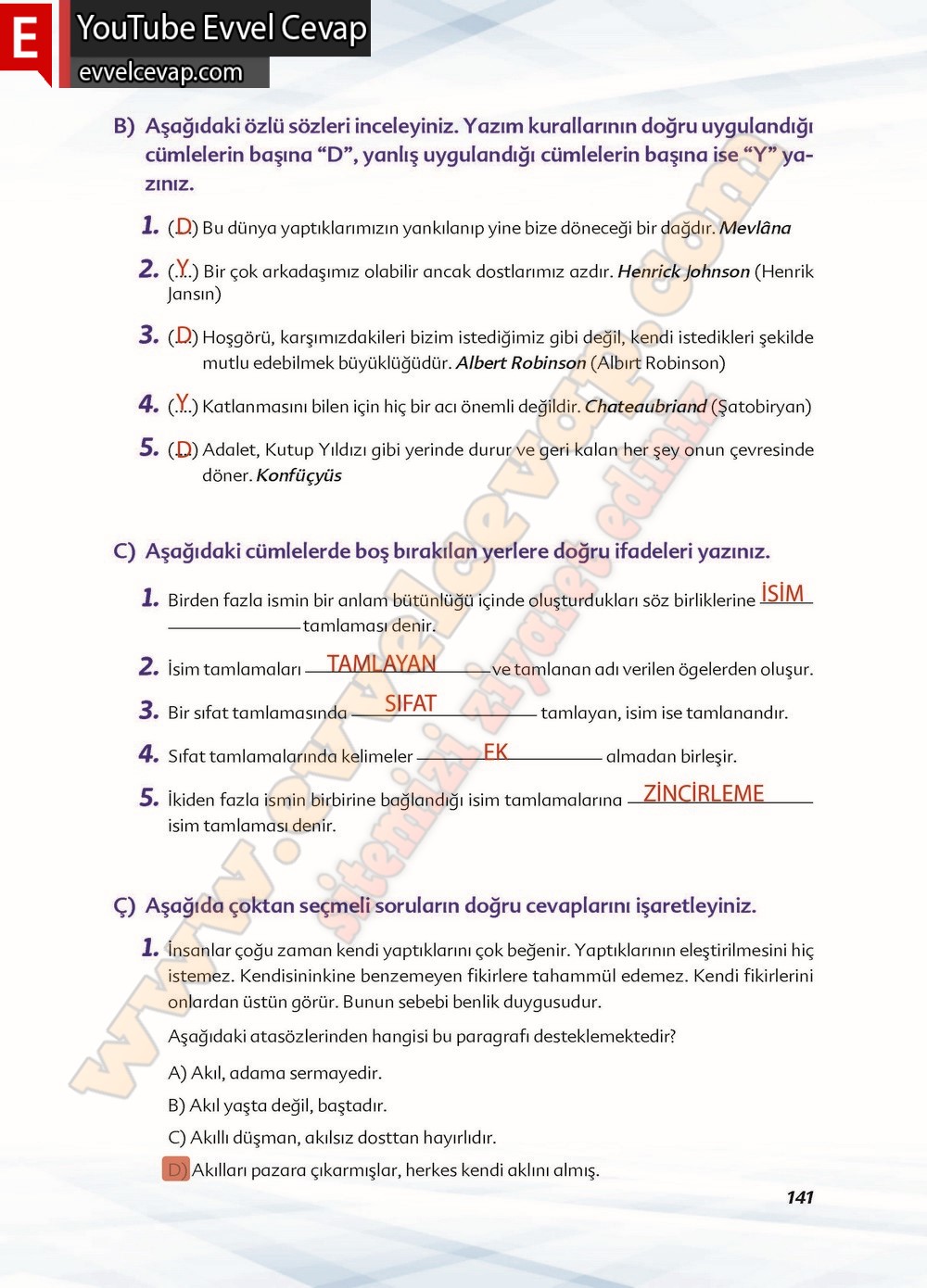 6. sınıf Ekoyay Yayınları Türkçe Ders Kitabı Cevapları Sayfa 141