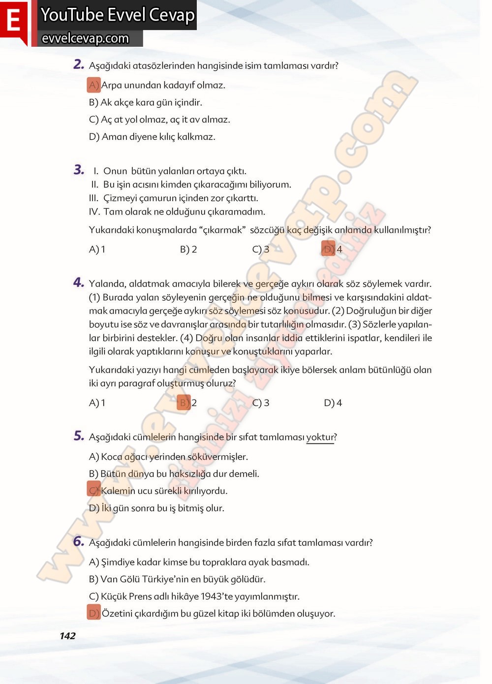 6. sınıf Ekoyay Yayınları Türkçe Ders Kitabı Cevapları Sayfa 142