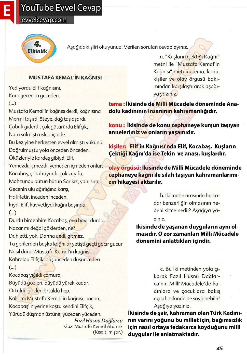6. sınıf Ekoyay Yayınları Türkçe Ders Kitabı Cevapları Sayfa 45