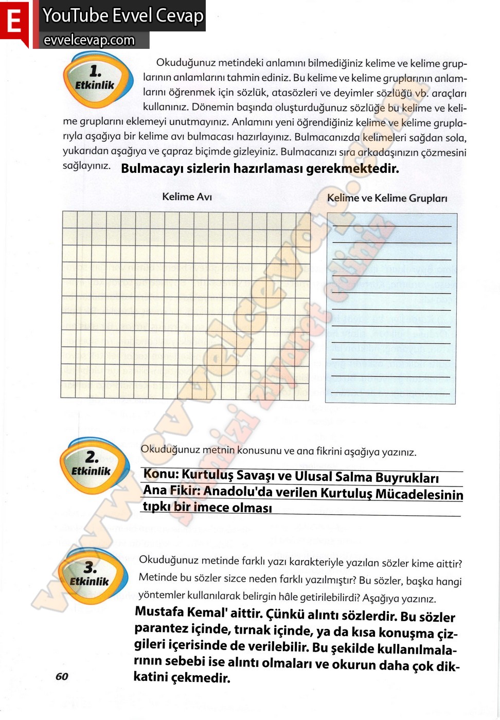6. sınıf Ekoyay Yayınları Türkçe Ders Kitabı Cevapları Sayfa 60