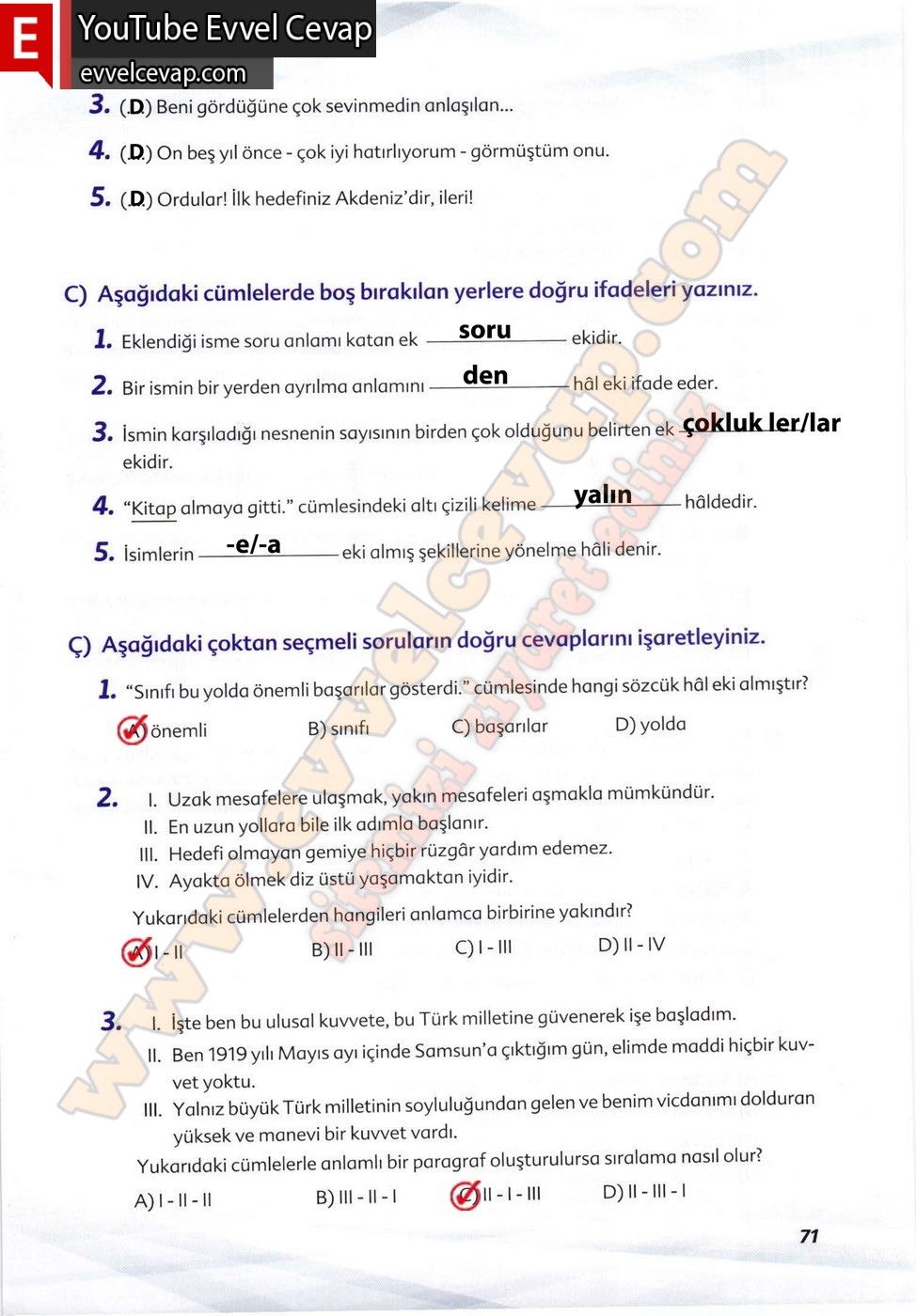 6. sınıf Ekoyay Yayınları Türkçe Ders Kitabı Cevapları Sayfa 71