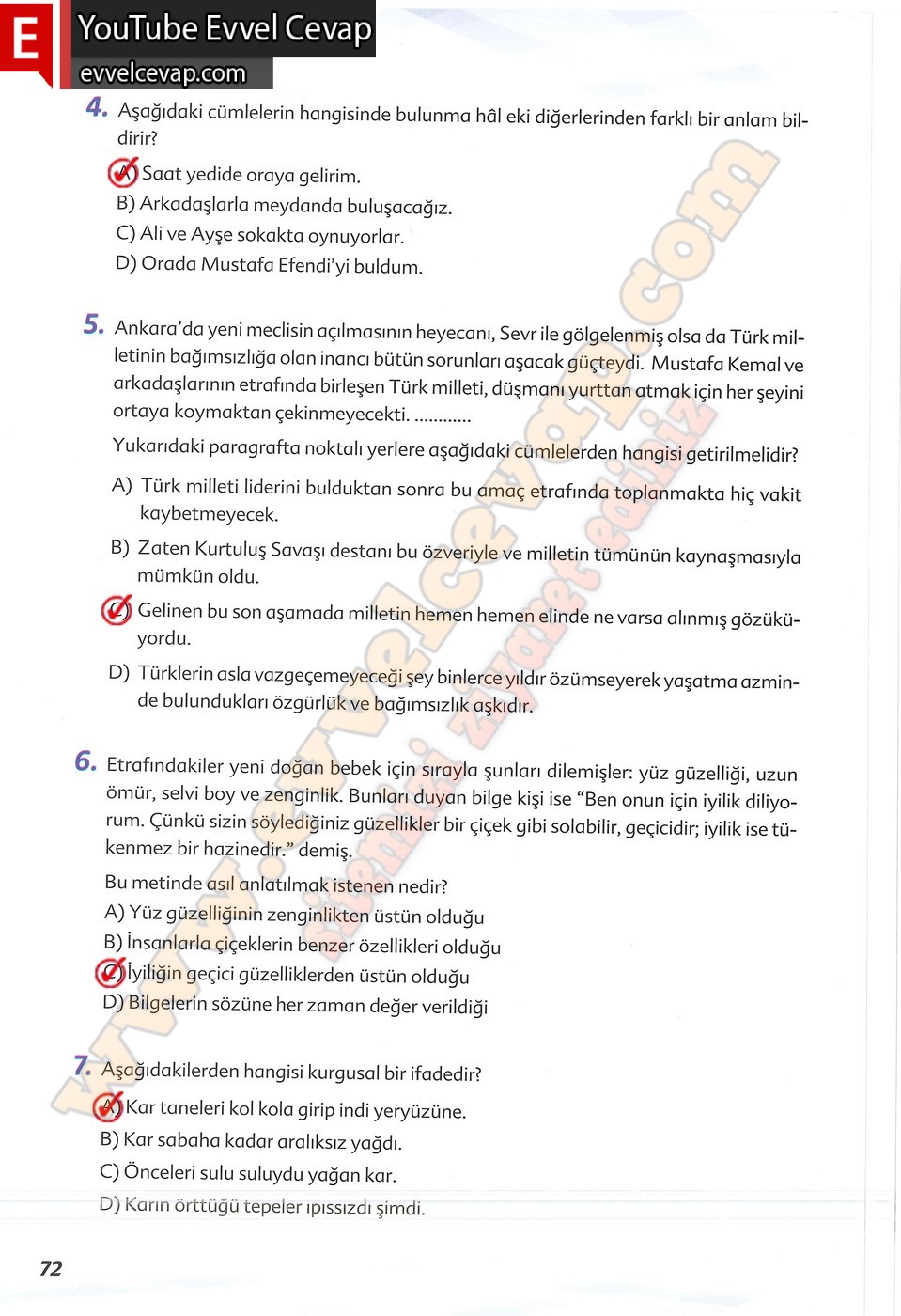 6. sınıf Ekoyay Yayınları Türkçe Ders Kitabı Cevapları Sayfa 72
