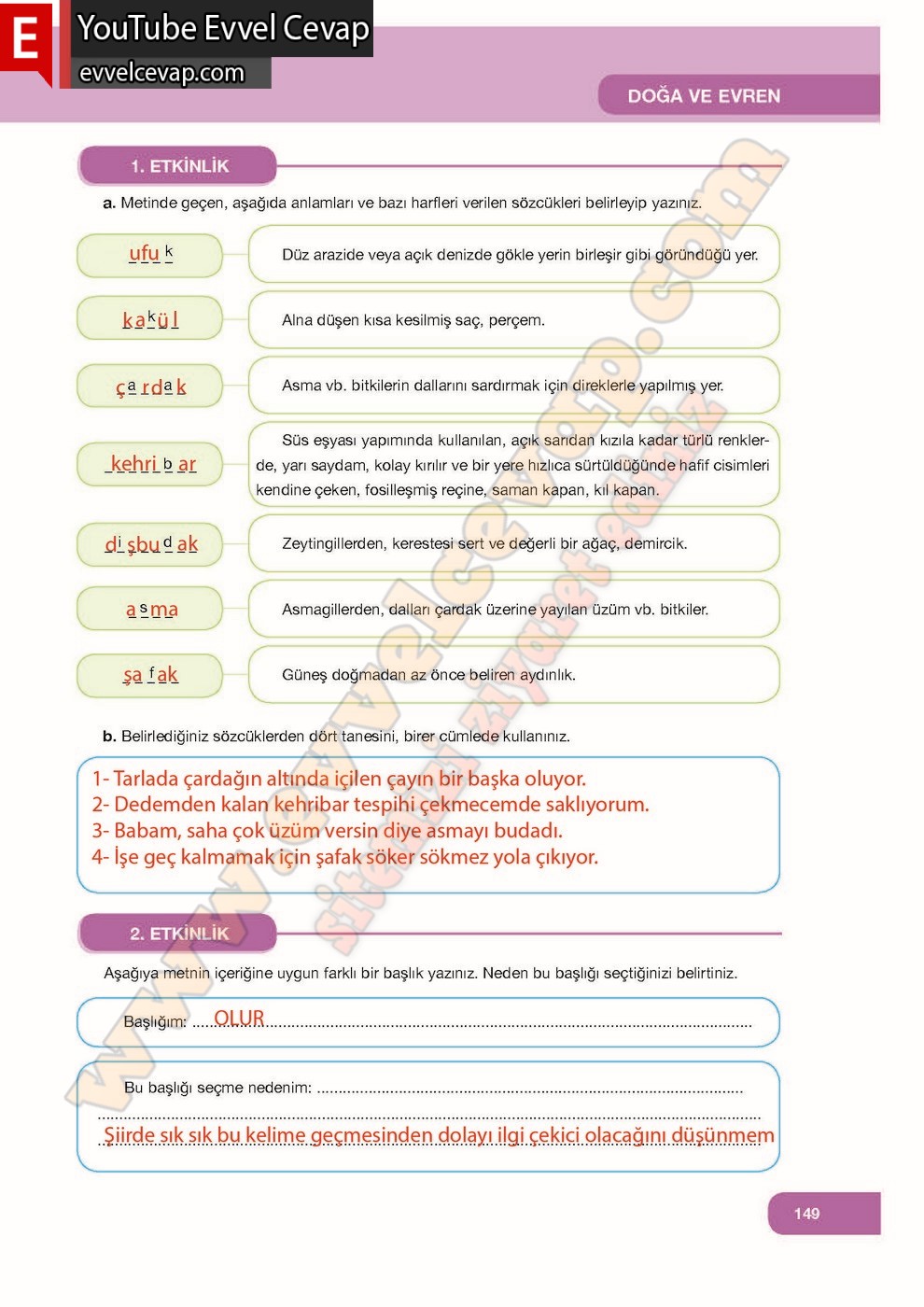 7. Sınıf Özgün Yayınları Türkçe Ders Kitabı Cevapları Sayfa 149
