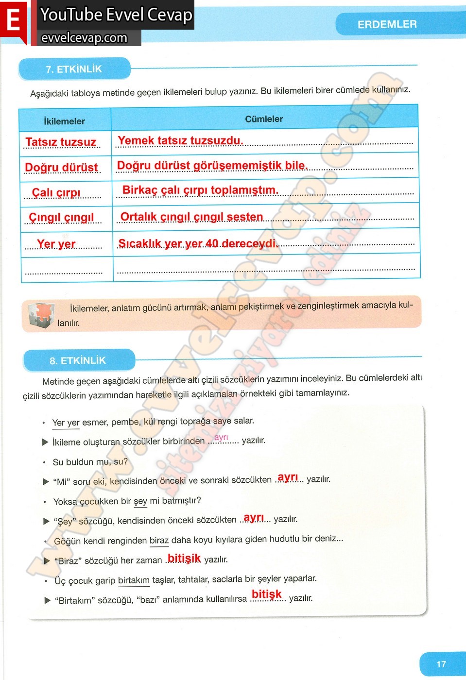 7. Sınıf Özgün Yayınları Türkçe Ders Kitabı Cevapları Sayfa 17