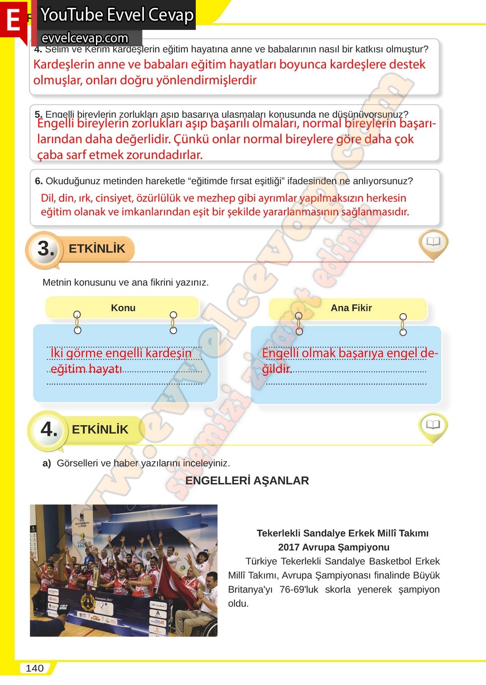 8. sınıf Meb Yayınları Türkçe Ders Kitabı Cevapları Sayfa 140